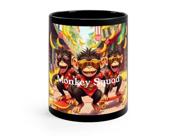 Monkey Squad 11oz Black Ceramic Mug, Playful Friends Illustration
