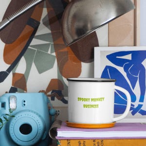 Enamel Mug, Spooky Monkey Business, Halloween Gift, Camping Mug, Outdoor Adventure Cup, Nature Lover&#39;s Gift, Unique Animal Design