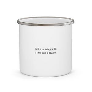 Camping Mug - Cute Monkey with Tent Design, Outdoors Enamel Metal Cup, Campfire Morning Coffee, Adventure Gift, Wildlife Animal Lover Mug