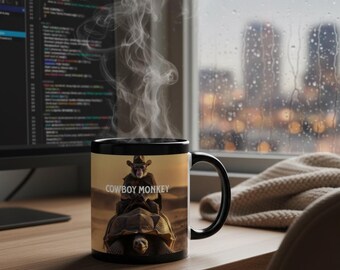 Cowboy Monkey Mug | Black 11oz Ceramic Coffee Cup