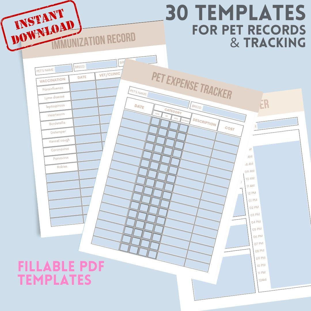Pet Health Record, 30 Templates, Printable Record, Pet Tracker, Pet ...
