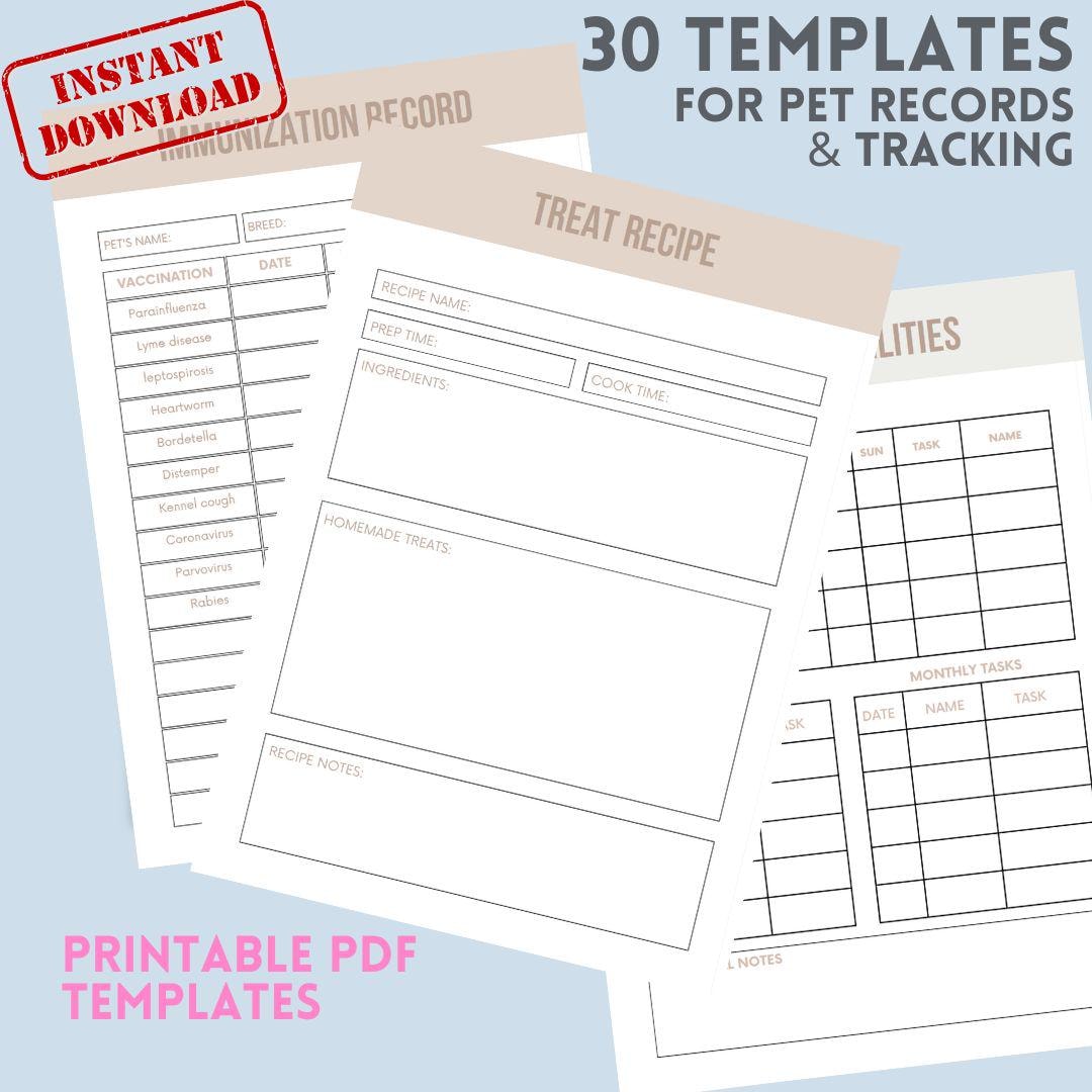 Pet Health Record, 30 Templates, Printable Record, Pet Tracker, Pet ...