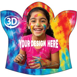 Könnte beinhalten: Ein buntes, tie-dye-förmiges Design mit einem lächelnden Kind, das Farbe im Gesicht und an den Händen hat. Das Design enthält den Text "YOUR DESIGN HERE" und ein "3D"-Logo, was auf ein anpassbares Produkt hindeutet.