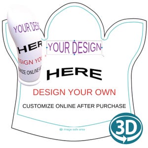 Könnte beinhalten: Eine weiße Produktvorlage mit den Worten "YOUR DESIGN HERE" in Schwarz und Lila. Die Texte "DESIGN YOUR OWN" und "CUSTOMIZE ONLINE AFTER PURCHASE" sind ebenfalls sichtbar. Ein 3D-Logo befindet sich in der unteren rechten Ecke.