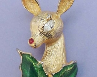 Christmas Reindeer Brooch / Vintage Christmas Reindeer Head Brooch / Rhinestone Reindeer Brooch / Holiday Jewelry Pin / Reindeer with Holly