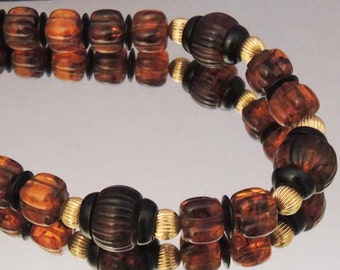 Vintage Amber Color Lucite Bead Necklace, Melon Cut Beads, Amber Color Bead Necklace, Single Strand Bead Necklace