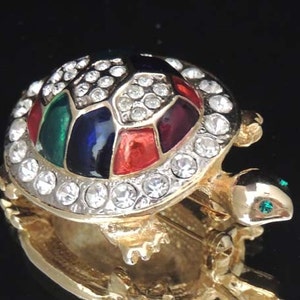 Vintage Turtle Brooch with Vintage Austrian Crystals and Red Blue Green Enamel image 4