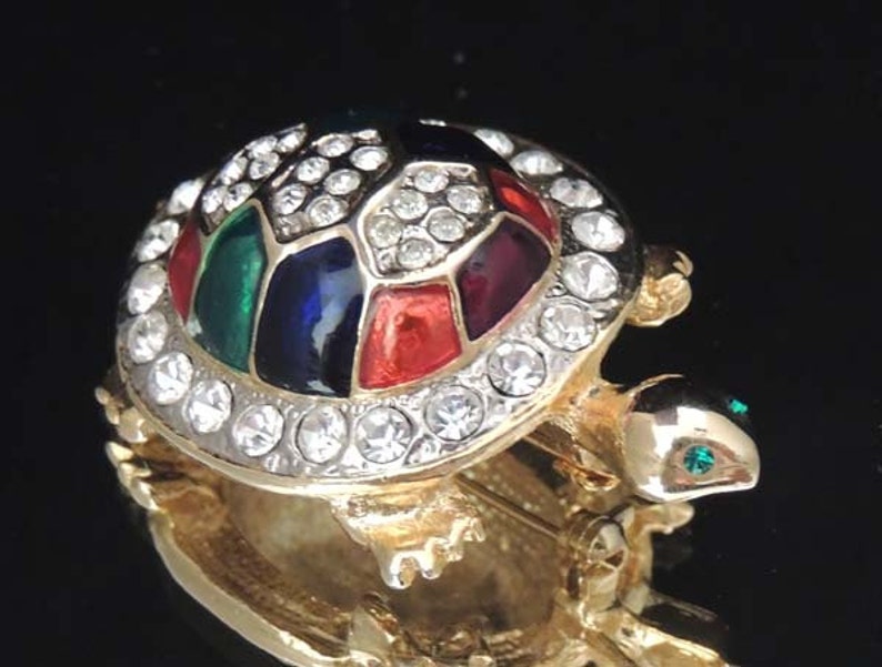 Vintage Turtle Brooch with Vintage Austrian Crystals and Red Blue Green Enamel image 4