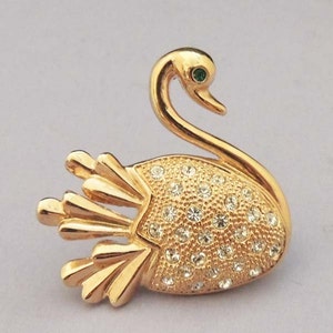 ROMAN Vintage Swan Brooch / Rhinestone Swan / Swan Pin / Signed Brooch