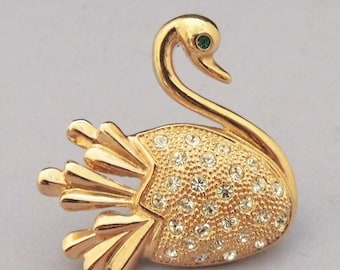 ROMAN Vintage Swan Brooch / Rhinestone Swan / Swan Pin / Signed Brooch