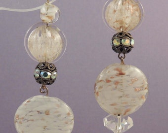 Vintage Long Drop Earrings / White Glass Disk Earrings /  White and Gold Duster Earrings / White Earrings with Rhinestones / White Earrings