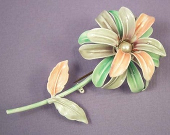Vintage Enamel Floral Brooch, Pink Lilac Green Flower Pin, Enamel Jewelry, Enamel Brooch, Flower Jewelry