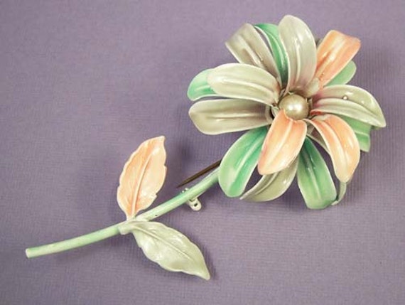 Vintage Enamel Floral Brooch, Pink Lilac Green Fl… - image 1