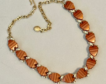 Vintage 1950s Brown Coro Style Thermoset Necklace, Rust Copper Color Leaf Necklace, Heart Linked Necklace, Mid Century Necklace