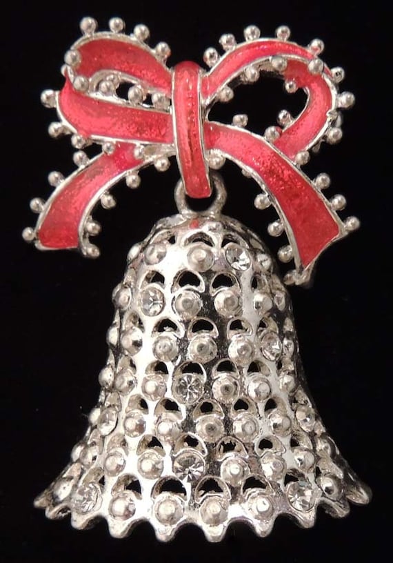 Vintage Rhinestone Silver Bell Christmas Pin, Chr… - image 1