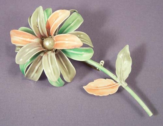 Vintage Enamel Floral Brooch, Pink Lilac Green Fl… - image 2