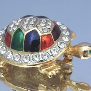 Vintage Turtle Brooch with Vintage Austrian Crystals and Red Blue Green Enamel image 1