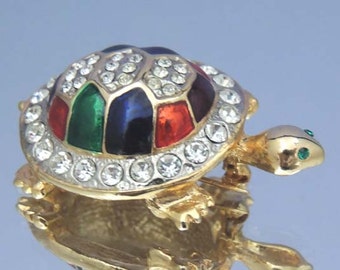 Vintage Turtle Brooch with Vintage Austrian Crystals and  Red Blue Green Enamel