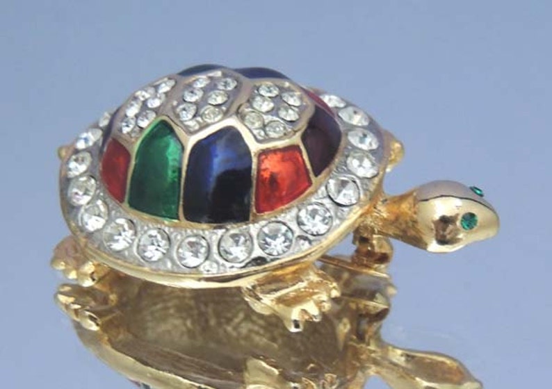 Vintage Turtle Brooch with Vintage Austrian Crystals and Red Blue Green Enamel image 1