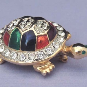 Vintage Turtle Brooch with Vintage Austrian Crystals and Red Blue Green Enamel image 2