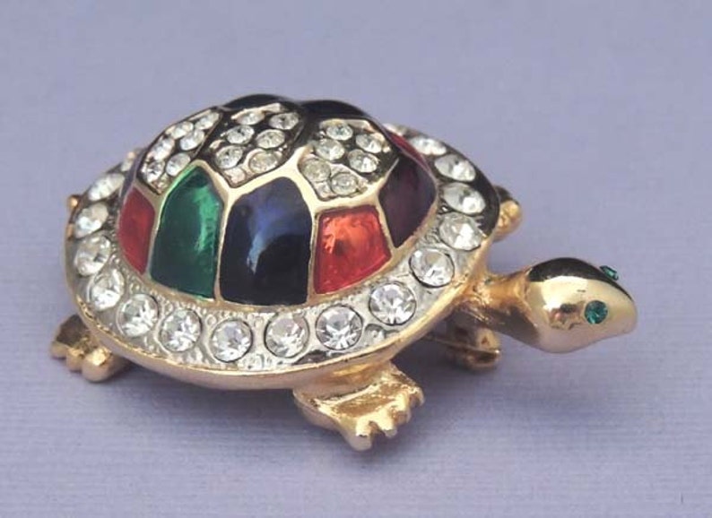 Vintage Turtle Brooch with Vintage Austrian Crystals and Red Blue Green Enamel image 2