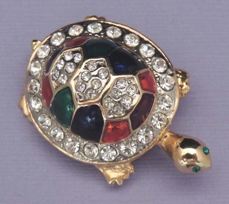 Vintage Turtle Brooch with Vintage Austrian Crystals and Red Blue Green Enamel image 3