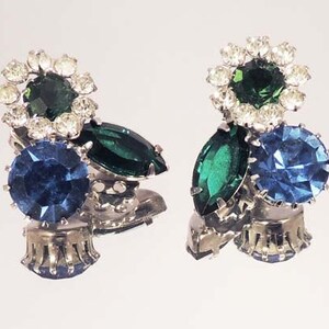 Exquisite Blue Green Crystal Rhinestone Floral Earrings Vintage