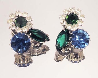 Exquisite Blue Green Crystal Rhinestone Floral Earrings Vintage