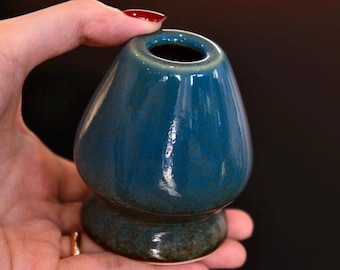 Samurai Blue Ceramic Matcha Whisk Holder|Japanese Chasen Stand for Green Tea Ceremony|Chasentate|Pottery Chasen Naoshi|Matcha lovers gift