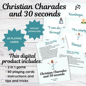 Puede incluir: Una descarga digital del juego Christian Charades and 30 Seconds. La imagen muestra cartas de juego, instrucciones y consejos. El producto incluye 60 cartas de juego y es un juego 2 en 1. El texto en las cartas incluye "Kumbaya", "The empty tomb" y "Daniel".