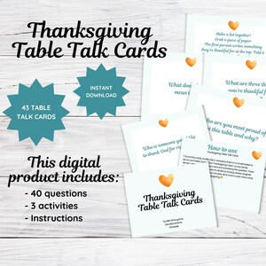 Puede incluir: Tarjetas de conversación de Acción de Gracias, un producto digital con 40 preguntas, 3 actividades e instrucciones. Las tarjetas presentan un diseño de estrella turquesa y las palabras "Thanksgiving Table Talk Cards". Descarga instantánea.