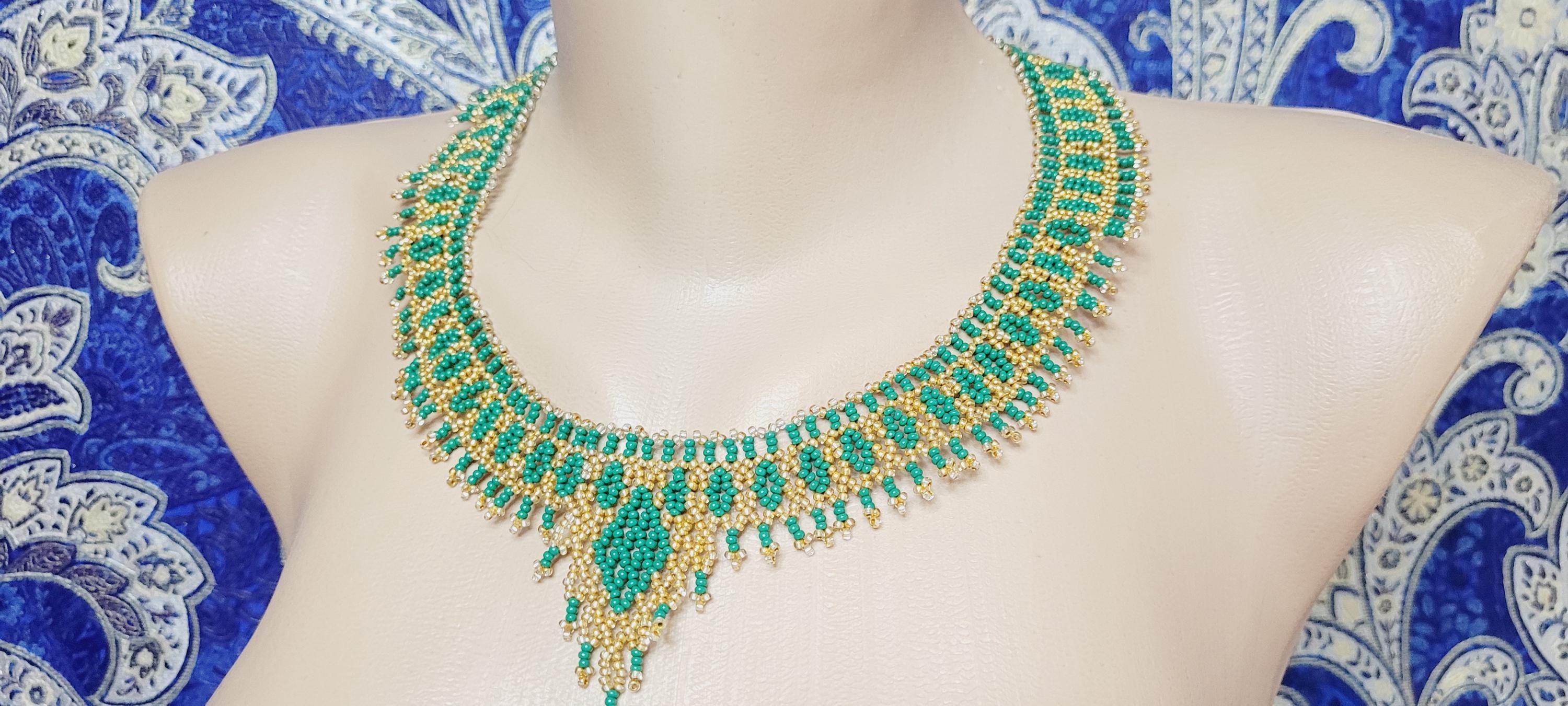 ✨NEW Bohemian Boho Green Beaded Collar Statement Necklace Beaded Choker Boho Style Beads Green Necklace With Gold in  main image 2