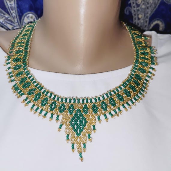 Beaded Choker Boho Style Beads Green Necklace With Gold in  display picture 1