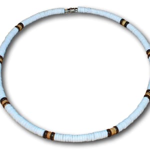 Philippines Mens and Womens Tropical Summer Beach Surfer Necklace, Smooth White Ark Shells and Brown Coconut Beads - 13&quot; to 30&quot;