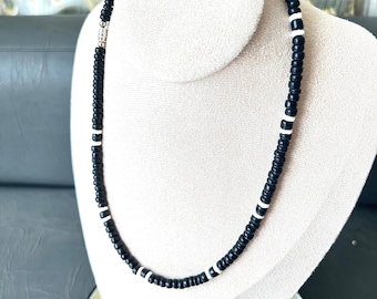 Philippines Mens and Womens Tropical Summer Beach Necklace, Black Coconut Beads, White Ark Shells