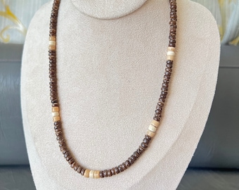 Philippines Mens and Womens Brown, Tan and Cream Wood Coco Bead Surfer Tropical Beach Necklace - 5mm (3/16&quot;)