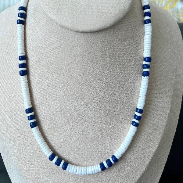 Native Treasure - Smooth White Clam Heishe Puka Shell Blue Coco Beads Surfer Necklace - 14" to 30"