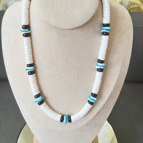 Native Treasure - Smooth White Blue Chip Black Coco Puka Shell Necklace - 8mm (5/16") - 7" to 30"