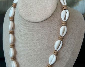 Philippines Tropical Summer Beach Surfer Necklace, Cowrie Shells and Coconut Bead Choker