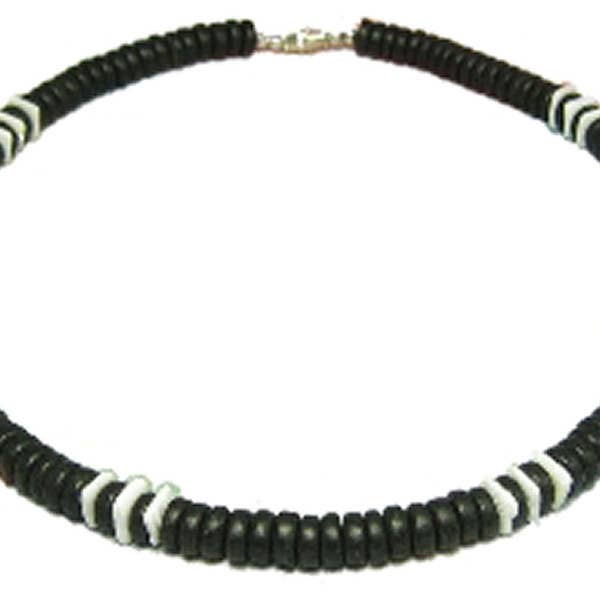 Native Treasure - Black Wood Coco Bead White Chips Puka Shell Necklace or Bracelet - 8mm (5/16") - 7" to 24"
