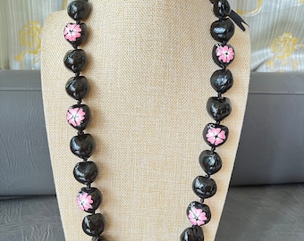 Philippines Mens and Womens Black Kukui Nut Necklace with Hand Painted Pink Hibiscus Flowers