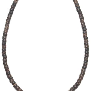 May include: A necklace composed of small, dark brown wooden beads. The beads are strung together to form a circular shape. The necklace has a natural, earthy aesthetic, suitable for casual wear.