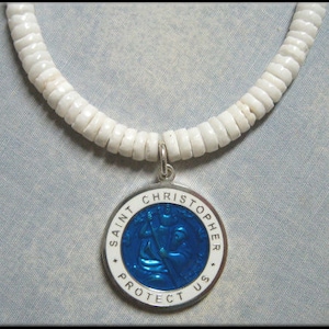 Native Treasure - St. Christopher Medal Puka Shell Necklace - White Heishe Clam Shells - 13" to 24"