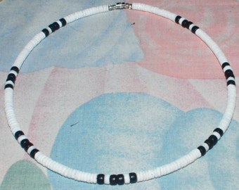 Puka Shell Necklace: White Clam Heishe Shells with Black Coconut Beads