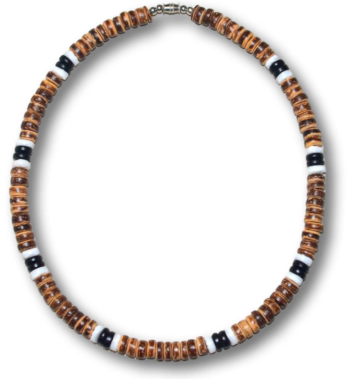 Philippines Mens and Womens Tropical Summer Beach Surfer Necklace, Brown Coco and White Heishe Puka Shells - 8mm (5/16")