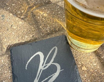 Monogram Engraved Slate Stone Coaster, Personalized Initial Home Bar Decor, Custom Barware