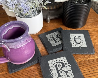 Set of 4 Slate Drink Coasters Monogram Engraved Coasters Personalized Stone Coasters Custom Wedding Gift Personalized Housewarming Gift Idea