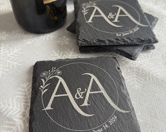 Personalized Coasters Engraved Monogram Slate Coasters Set of 4 Custom Stone Coasters Housewarming Gift Wedding Gift Anniversary Gift Ideas