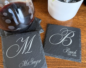 Personalized Name Coasters Set of 4, Natural Slate Stone Custom Laser Engraved Coasters, Monogram Wedding Date Anniversary Gift Ideas