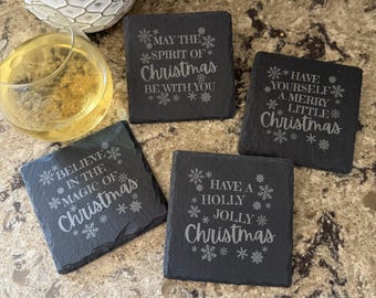 Custom Christmas Coaster Set of 4 Natural Slate Stone, Engraved Holiday Drink Coasters, Snowflake Home Decor, Old Fashion Christmas